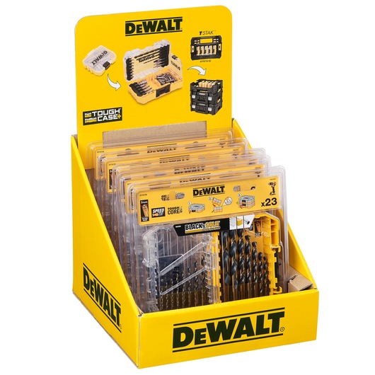 Photo of DEWALT drill bit sets DT70729, DT70729-QZ in yellow display box, front angle, product packaging visible.
