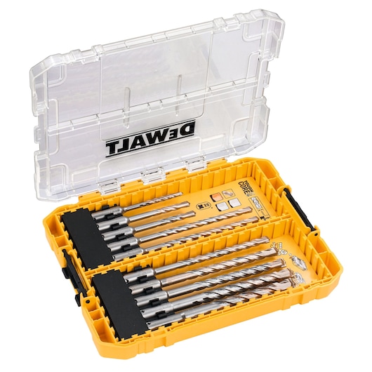 DEWALT yellow drill bit set in a transparent case, containing multiple metal bits for various drilling tasks.