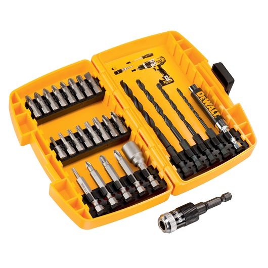 A yellow DEWALT case containing a set of drill bits and screwdriver bits, organized in slots, with a bit holder and a magnetic screw lock accessory placed outside the case.