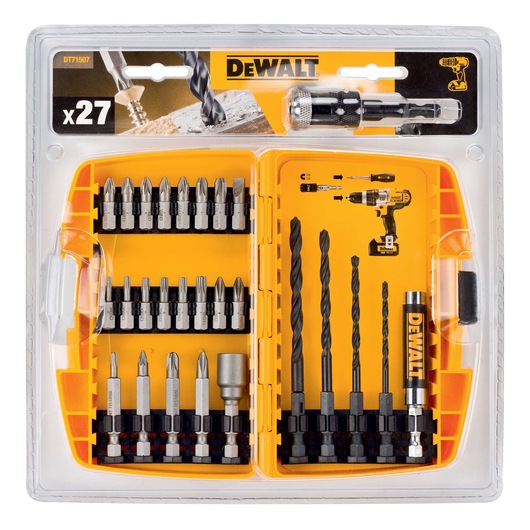 A DEWALT 27-piece drill and screwdriver bit set in a yellow plastic case. The set includes various drill bits, screwdriver bits, and a bit holder, organized neatly in compartments with the DEWALT logo on the packaging.