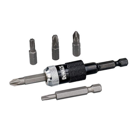 A DEWALT screwdriver bit set including a black and silver magnetic bit holder with five interchangeable screwdriver bits, all arranged on a white background.
