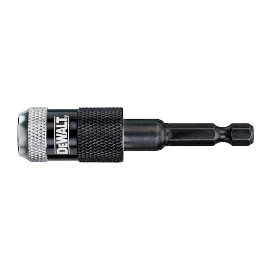A DEWALT branded magnetic bit holder for drill drivers, featuring a knurled grip and hex shank.