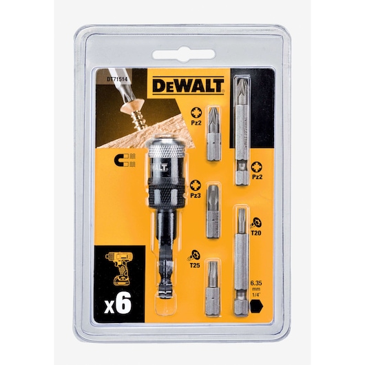 DEWALT DT71514 screwdriver bit set in retail packaging, containing six pieces including a bit holder and various screwdriver bits of different types and sizes, displayed against a yellow and black background.