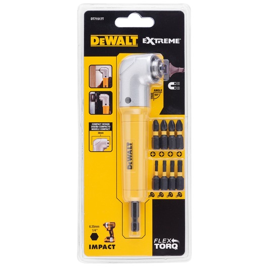 DEWALT Extreme FlexTorq right angle impact driver attachment set, model DT71517T-KR, shown in original packaging. The set includes a yellow and silver right-angle attachment and multiple screwdriver bits. The packaging highlights compact design and suitability for 6.35mm (1/4 inch) impact drivers.