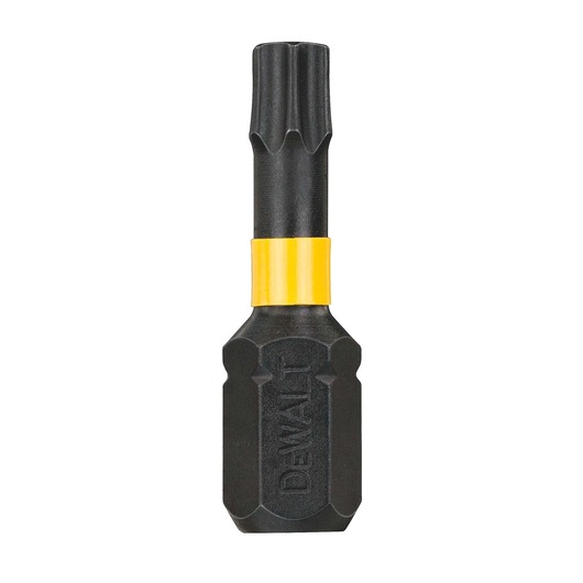 A DEWALT branded black screwdriver bit with a yellow ring near the base, shown on a white background.