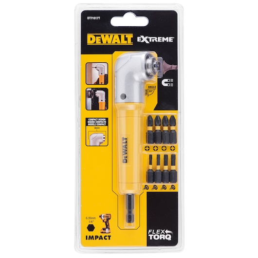 DEWALT Extreme 18-piece FLEX TORQ impact-ready right angle attachment and bit set in retail packaging. The set includes a yellow and silver right angle adapter and multiple screwdriver bits, designed for compact use in tight spaces. The packaging highlights its 90-degree angle, compact design, and 1/4 inch (6.35 mm) impact compatibility.