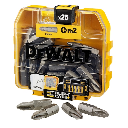 DEWALT DT71522 Tough Case with 25 PH2 screwdriver bits, 25mm length, yellow plastic box.
