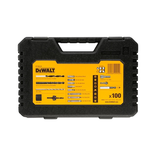 A black DEWALT hard plastic toolbox with a yellow label showing drill bits and accessories inside. The label displays the DEWALT logo, product references, and an illustrated list of 100 drill and screwdriver bits. The toolbox has a carrying handle and secure latches.