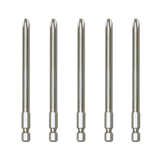 Five long Phillips screwdriver bits with hex shanks, arranged vertically in a row on a white background.