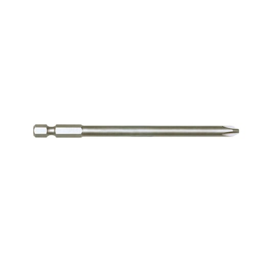 A long metal screwdriver bit with a hex shank and Phillips tip, photographed on a white background.