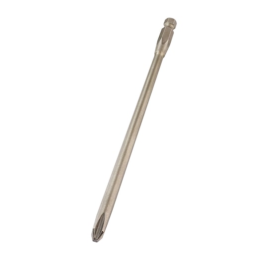 A long metallic screwdriver bit with a Phillips head tip and a hexagonal shank, displayed against a white background.