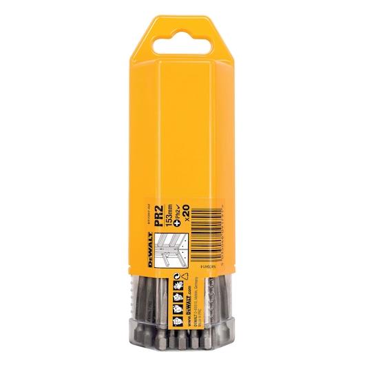 DEWALT DT7207 pack of 20 screwdriver bits, PH2 size, 25mm length, shown in a yellow plastic storage container with a transparent bottom.