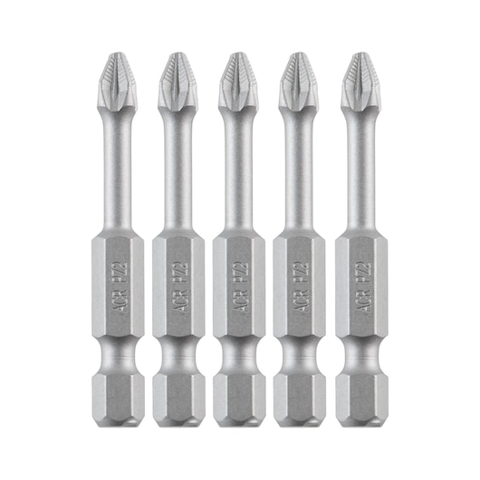 Five DEWALT screwdriver bits with hex shanks and Phillips tips arranged side by side on a white background.