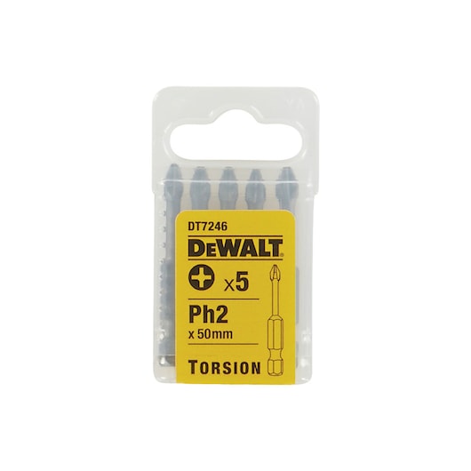 A package of DEWALT DT7246 containing five screwdriver bits, Ph2 x 50mm torsion type, in clear plastic packaging with a yellow label.