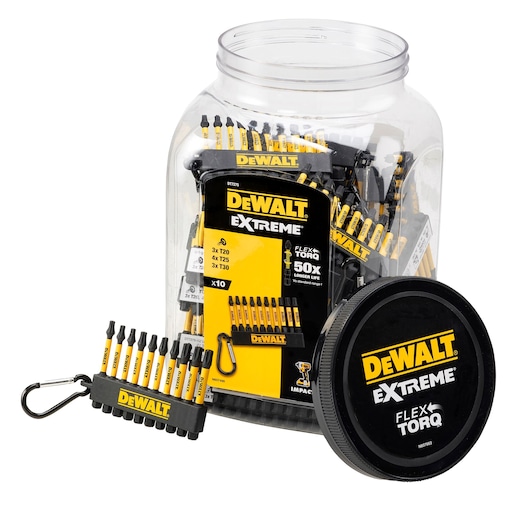 DEWALT DT7275 Extreme FlexTorq bit set in a clear jar, including ten yellow and black screwdriver bits.
