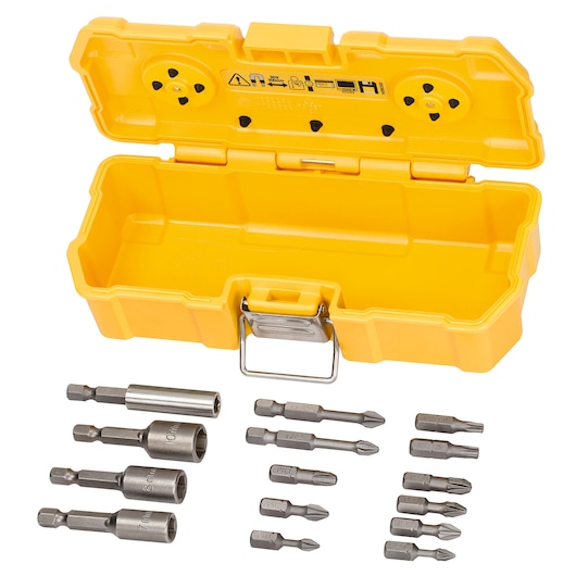 A yellow DEWALT plastic case, open and empty, is positioned above a set of various screwdriver bits and nut drivers. The tools are made of metal and arranged in rows below the case. The case has a metal latch and safety symbols inside the lid.