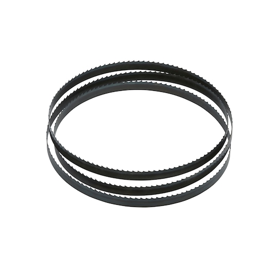 Three metal band saw blades with serrated edges, coiled together, displayed on a white background.