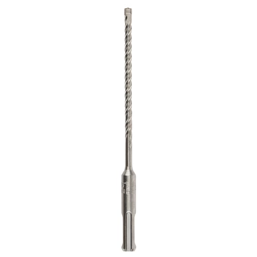 A single metal drill bit with a spiral design and SDS shank, standing upright on a white background.