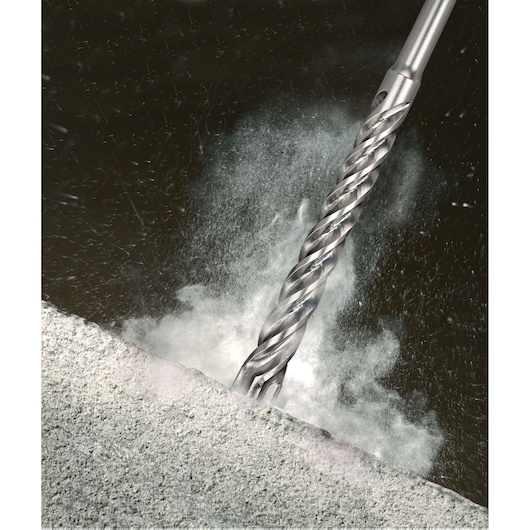 DEWALT DT8912, DT8912-QZ drill bit boring into concrete, with dust flying. Photography product image.