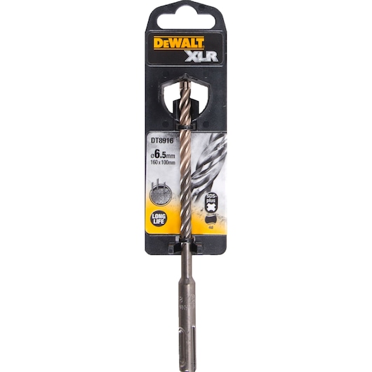 A DEWALT XLR SDS-plus masonry drill bit, model DT8916, 6.5mm diameter and 160mm length, packaged in retail display casing.
