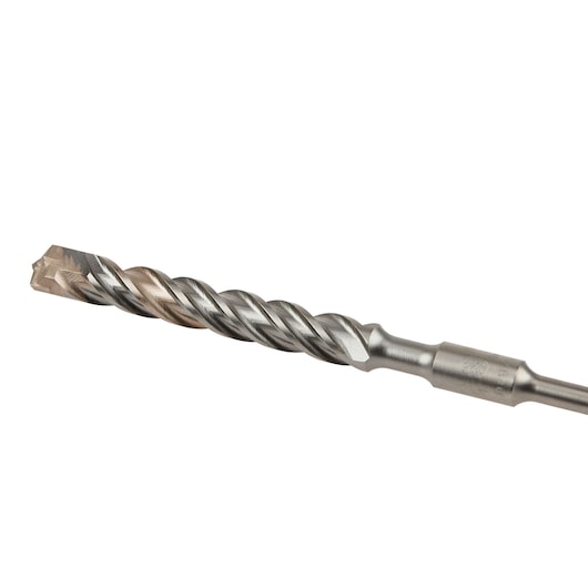 A close-up image of a metallic DEWALT masonry drill bit with a spiral flute and a carbide tip, designed for drilling into concrete or stone surfaces.