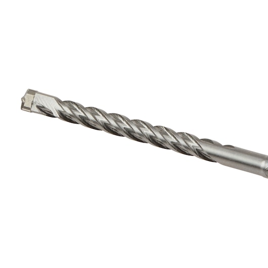 Close-up of a DEWALT metal drill bit with a spiral flute design.
