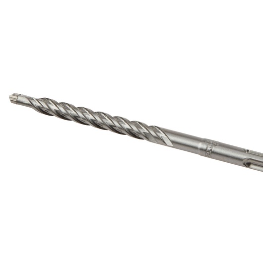 A close-up view of a metal drill bit with a spiral fluted design, used for drilling into hard materials.