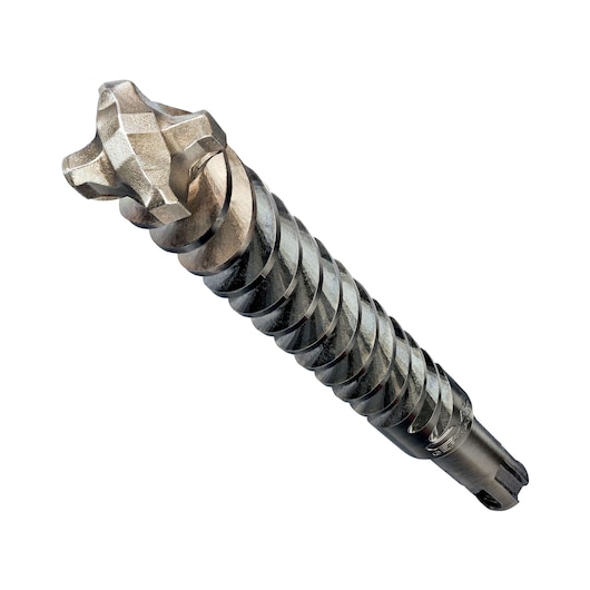 Close-up of a DEWALT DT8932 metal masonry drill bit with a spiral flute and four-cutter head, used for drilling in concrete and masonry.
