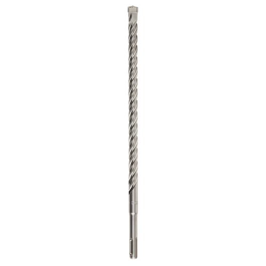 A single long, metallic masonry drill bit with a spiral design, shown vertically against a plain white background.