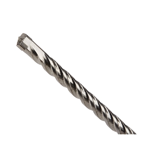 Close-up of a metal SDS drill bit with a spiral flute design, used for drilling into concrete or masonry surfaces.