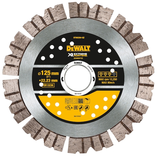 A DEWALT segmented diamond blade for cutting, labeled 'XR Extreme Runtime.' The blade has a diameter of 125 mm and a bore size of 22.23 mm. It features specifications for maximum speed and compatibility with various materials. The blade is mostly silver and black with yellow accents.