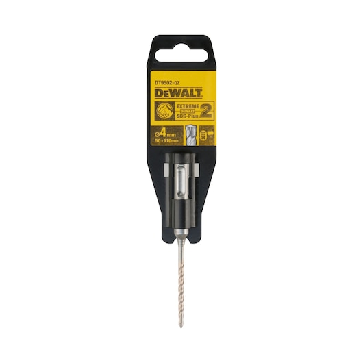 A DEWALT DT9502 SDS-Plus Extreme 2 drill bit, 4mm diameter and 110mm length, displayed in its original black and yellow packaging.