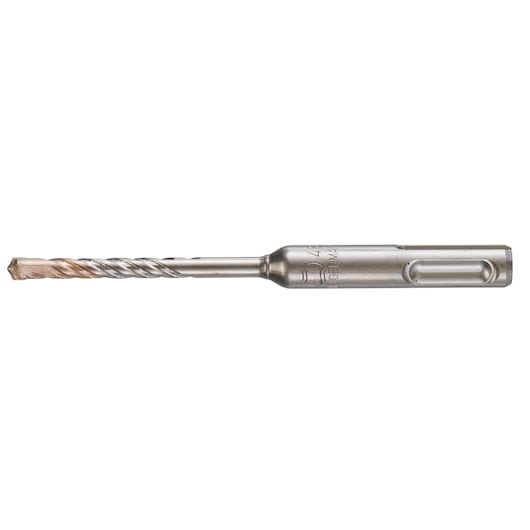 A close-up image of a DEWALT SDS Plus masonry drill bit with a spiral flute and a tungsten carbide tip, suitable for drilling into concrete, brick, and masonry.