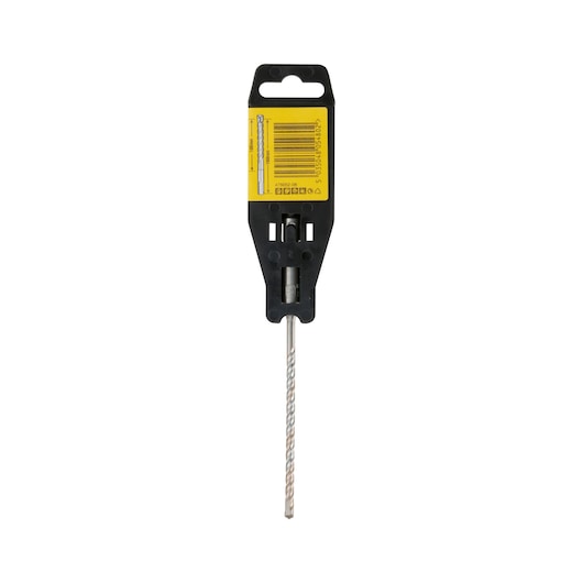 A DEWALT DT9505 masonry drill bit with a spiral design, packaged in a black and yellow holder with a barcode and product information on the label.