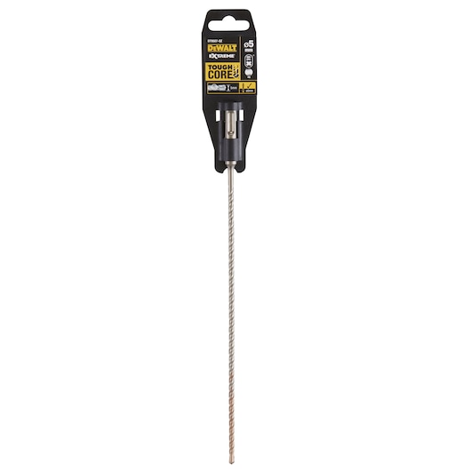 A DEWALT Extreme Tough Core drill bit with packaging, featuring a long, metal body and labeled as 5mm, suitable for tough material drilling.