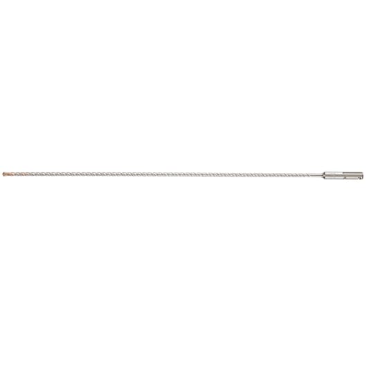 A long, silver DEWALT drill bit with a spiral flute design and a carbide tip, shown on a white background.