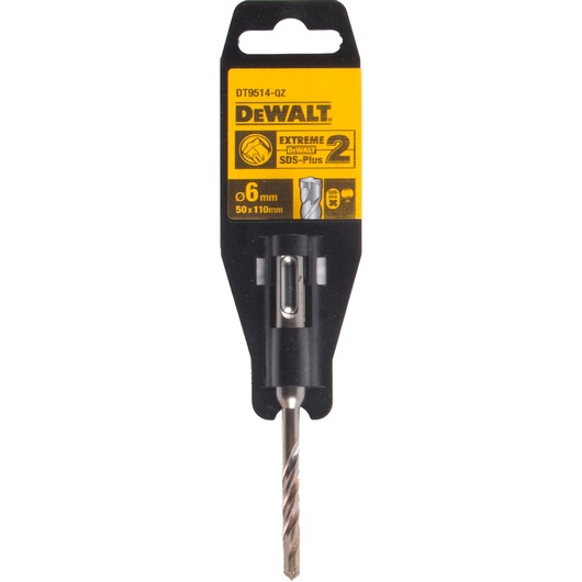 DEWALT Extreme SDS-Plus drill bit in retail packaging, model DT9514, size 6mm x 110mm. The packaging is mostly black with a yellow label showing specifications and branding.