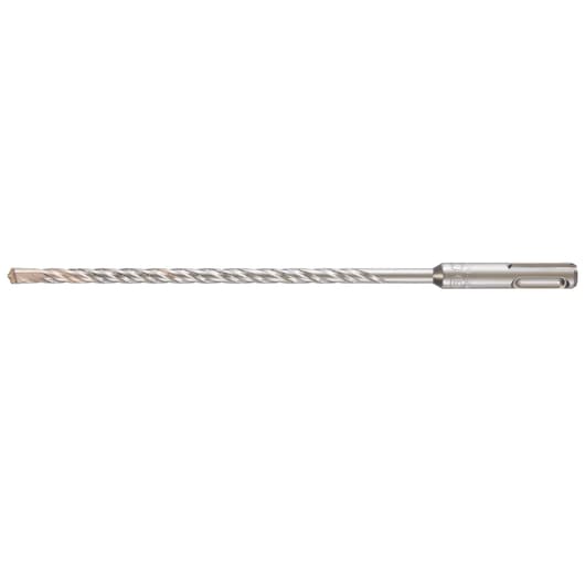 A long, silver SDS-plus masonry drill bit with a spiral flute and carbide tip, used for drilling into concrete or stone.