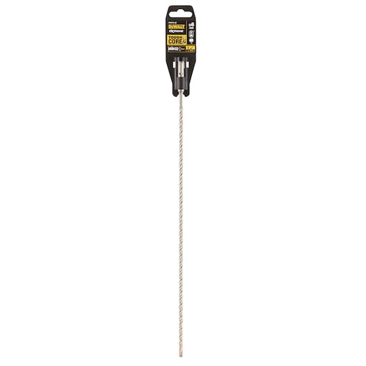 A DEWALT branded packaging containing a long, spiral masonry drill bit, labeled as 'ToughCore' with size and product details visible on the top section.