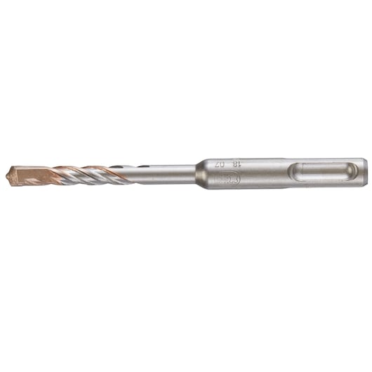 A close-up image of a DEWALT SDS drill bit, showing its metal body with spiral grooves and a carbide tip, suitable for masonry and concrete drilling.