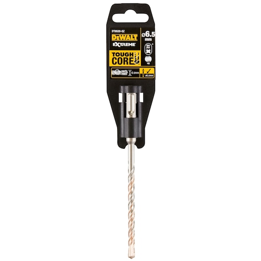 DEWALT Extreme Tough Core drill bit, model DT9520, with a diameter of 6.5 mm in its packaging. The packaging is black with yellow and white labels, showing the brand, diameter, and product features. The drill bit itself is silver with a spiral design.