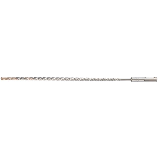 A long silver DEWALT rotary hammer drill bit with a spiral flute design, used for drilling into concrete or masonry.