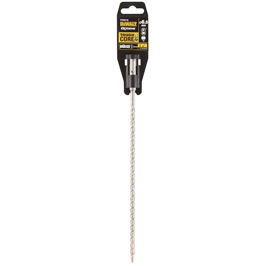 A DEWALT Extreme Tough Core SDS-Plus drill bit, 6.5mm in diameter, in its original packaging. The drill bit has a spiral design and a long shank, suitable for masonry and concrete work.