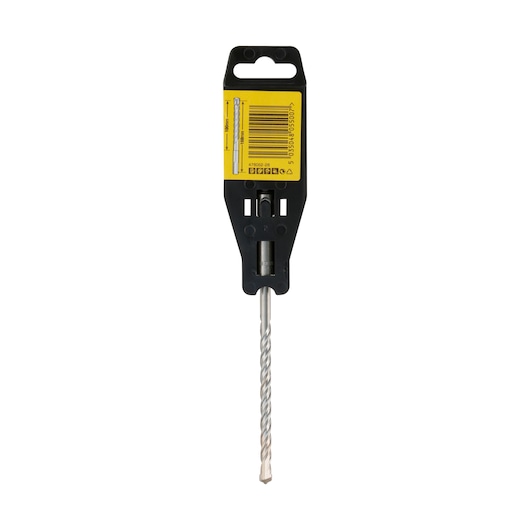 A DEWALT branded masonry drill bit in its retail packaging, featuring a yellow label with barcode and product information. The drill bit is silver in color with a spiral design.