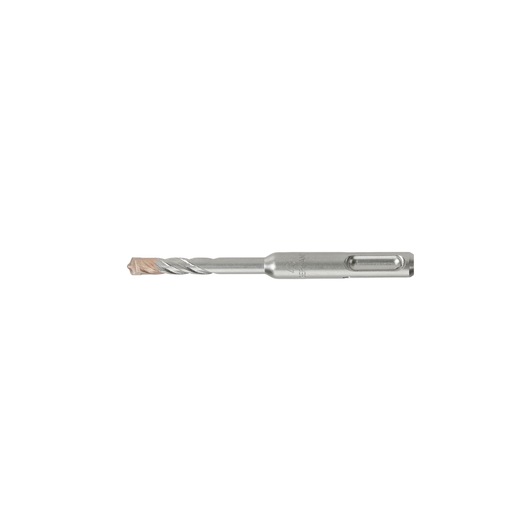 A DEWALT SDS Plus masonry drill bit, silver in color, with a spiral fluted body and carbide tip, shown against a white background.