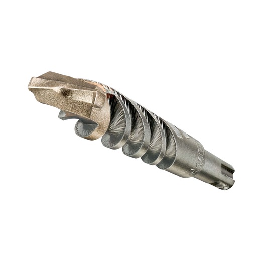Close-up of a DEWALT SDS Plus masonry drill bit with a spiral flute design, made of metal and used for drilling into concrete or stone.