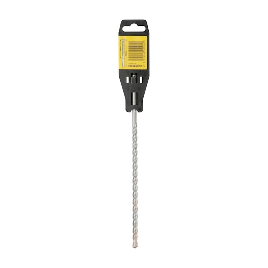 A DEWALT SDS-Plus masonry drill bit in retail packaging with a yellow and black label. The drill bit is long, with a spiral groove and a carbide tip, designed for drilling into masonry or concrete.