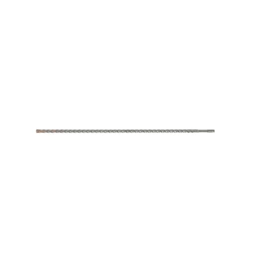 A long, silver-colored DEWALT SDS Plus drill bit with a spiral flute design, placed on a white background.