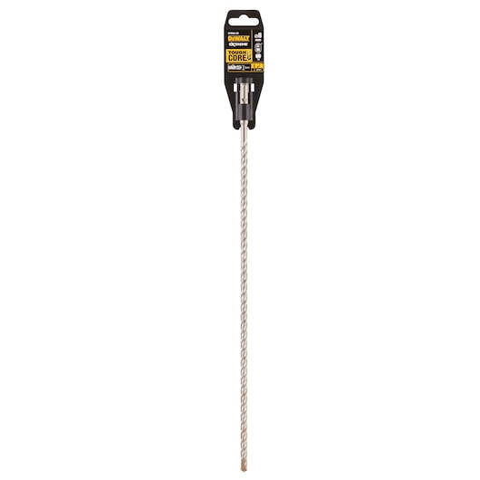 A DEWALT DT9534 Tough Core drill bit for masonry, shown in its packaging. The drill bit is long with a spiral fluted design and a carbide tip.