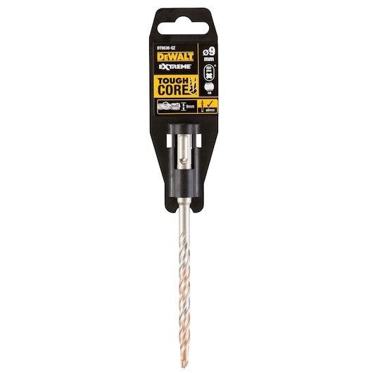 A DEWALT Extreme Tough Core 9mm drill bit in retail packaging, showing the product with its black and yellow label and metal drill bit.